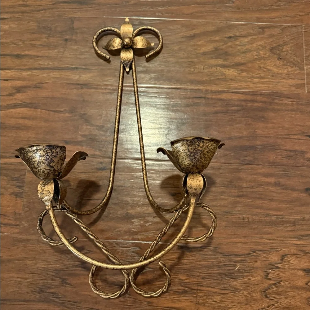 Vintage Double Wall Sconce Metal Candle Holder Italian Tole Rose Flower